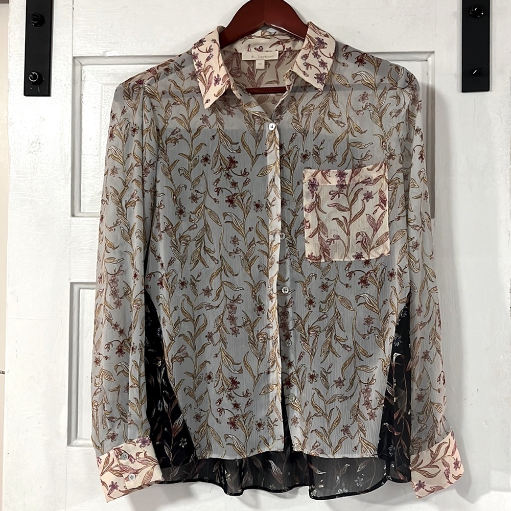 Sheer Color-Blocked Floral Blouse